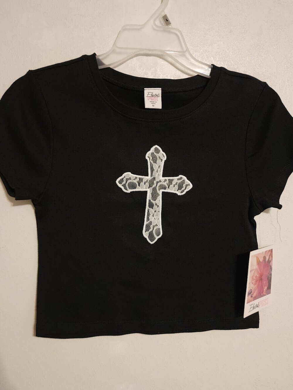 Electric Pink Black Lace Cross Crop Top Tee Size M NWT